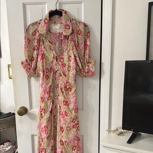 Anthropologie Pink Buttoned Sundress with Puff Sleeves